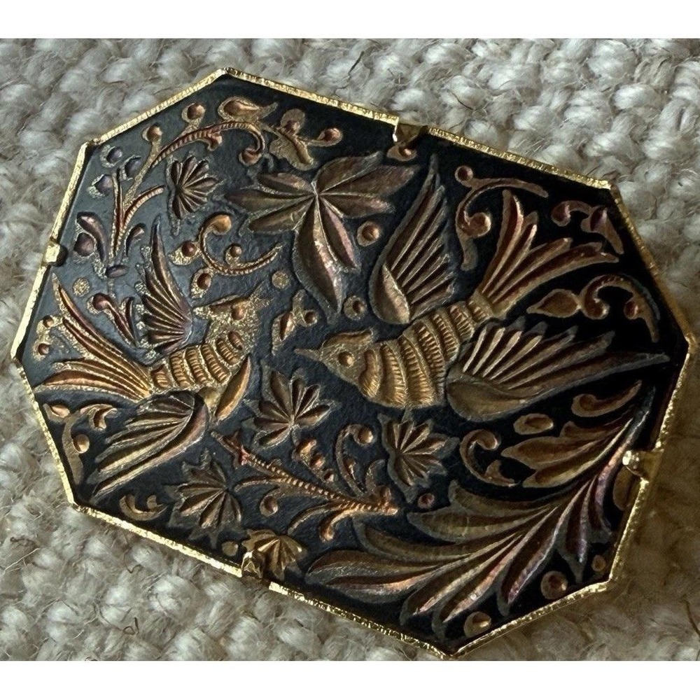 VTG Toledo Damascene Gold inlay Black Floral & Bird Pin Brooch
